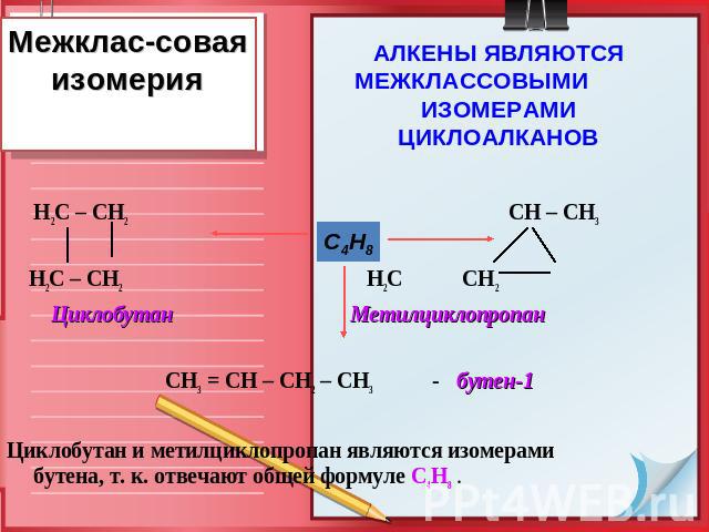 Межклас-совая изомерия Н2С – СН2 СН – СН3 Н2С – СН2 Н2С СН2 Циклобутан Метилциклопропан СН3 = СН – СН2 – СН3- бутен-1 Циклобутан и метилциклопропан являются изомерами бутена, т. к. отвечают общей формуле С4Н8 . АЛКЕНЫ ЯВЛЯЮТСЯ МЕЖКЛАССОВЫМИ ИЗОМЕРАМ…