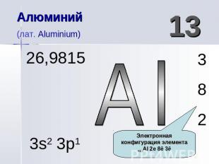 Алюминий(лат. Aluminium) Электронная конфигурация элемента +13Al 2е 8ē 3ē