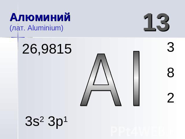 Алюминий (лат. Aluminium) 26,9815 13 Al 3s2 3p1