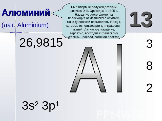 Алюминий (лат. Aluminium) Был впервые получен датским физиком Х.К. Эрстедом в 1825 г. Название этого элемента происходит от латинского алюмен, так в древности назывались квасцы, которые использовали для крашения тканей. Латинское название, вероятно,…