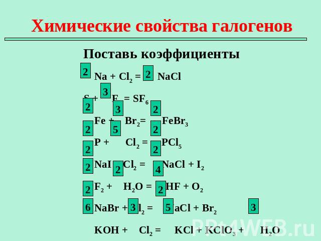 Химические свойства галогеновПоставь коэффициенты Na + Cl2 = NaCl S + F2 = SF6 Fe + Br2= FeBr3 P + Cl2 = PCl5 NaI + Cl2 = NaCl + I2 F2 + H2O = HF + O2 NaBr + Cl2 = NaCl + Br2 KOH + Cl2 = KCl + KClO3 + H2O