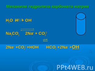 Механизм гидролиза карбоната натрия H2O H+ + OH- Na2CO3 2Na+ + CO32- 2Na+ +CO32-