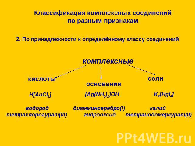 Классификация комплексных соединенийпо разным признакам 2. По принадлежности к определённому классу соединений