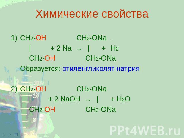 Химические свойства 1) CH2-ОН CH2-ONa | + 2 Na → | +Н2 CH2-ОН CH2-ONa Образуется: этиленгликолят натрия 2) CH2-ОН CH2-ONa | + 2 NaОН → | + Н2О CH2-ОН CH2-ONa