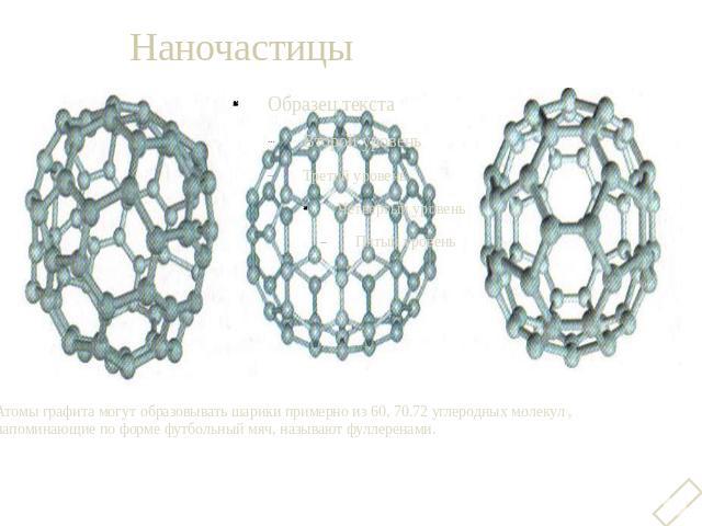Наночастицы Атомы графита могут образовывать шарики примерно из 60, 70.72 углеродных молекул , напоминающие по форме футбольный мяч, называют фуллеренами.