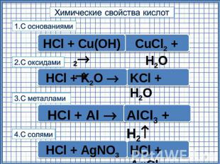 Химические свойства кислот 1.С основаниями HCl + Cu(ОН)2 CuCl2 + H2О HCl + Cu(ОН