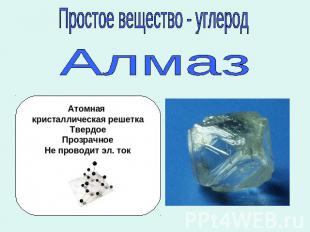 Простое вещество - углерод Алмаз Атомная кристаллическая решетка Твердое Прозрач