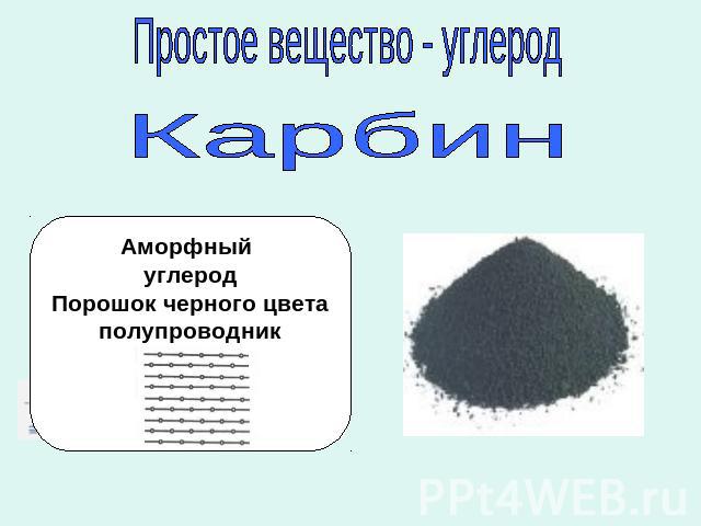 Простое вещество - углерод Карбин Аморфный углерод Порошок черного цвета полупроводник