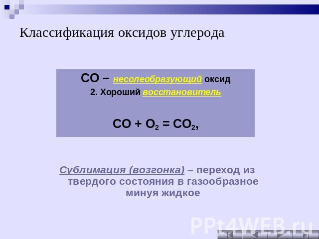 Классификация оксидов углерода Сублимация (возгонка) – переход из твердого состояния в газообразное минуя жидкое