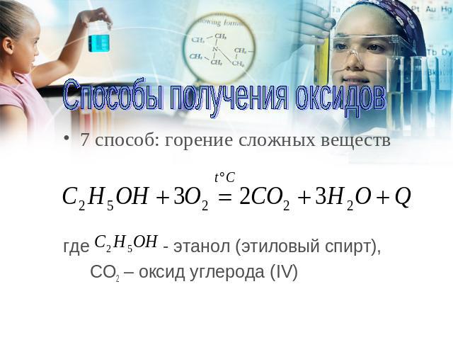 Способы получения оксидов 7 способ: горение сложных веществ где - этанол (этиловый спирт), СO2 – оксид углерода (IV)