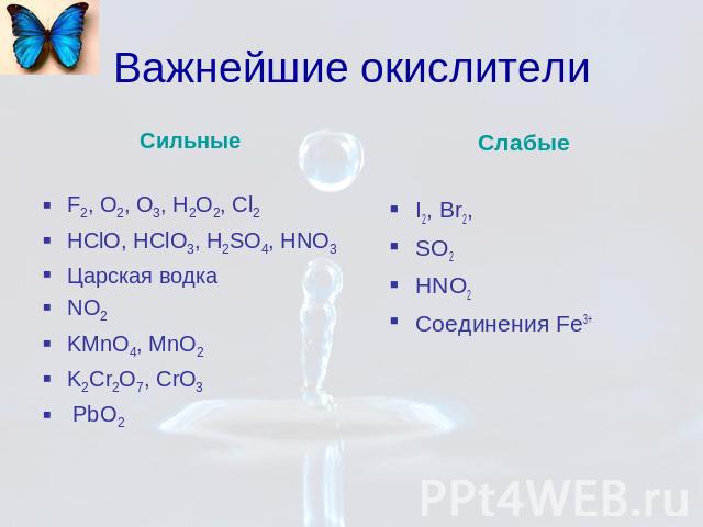Важнейшие окислители Сильные F2, O2, O3, H2O2, Cl2 HClO, HClO3, H2SO4, HNO3 Царская водка NO2 KMnO4, MnO2 K2Cr2O7, CrO3 PbO2 Слабые I2, Br2, SO2 HNO2 Соединения Fe3+