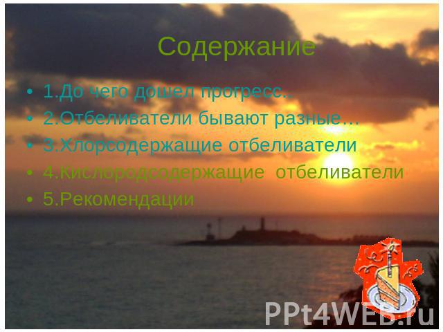 Содержание 1.До чего дошел прогресс.. 2.Отбеливатели бывают разные… 3.Хлорсодержащие отбеливатели 4.Кислородсодержащие отбеливатели 5.Рекомендации