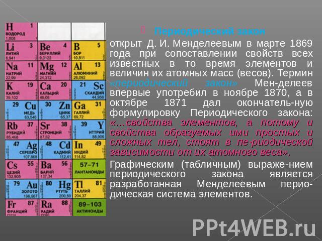 Периодический закон открыт Д. И. Менделеевым в марте 1869 года при сопоставлении свойств всех известных в то время элементов и величин их атомных масс (весов). Термин «периодический закон» Мен-делеев впервые употребил в ноябре 1870, а в октябре 1871…