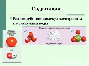 Гидратация Взаимодействие молекул электролита с молекулами воды