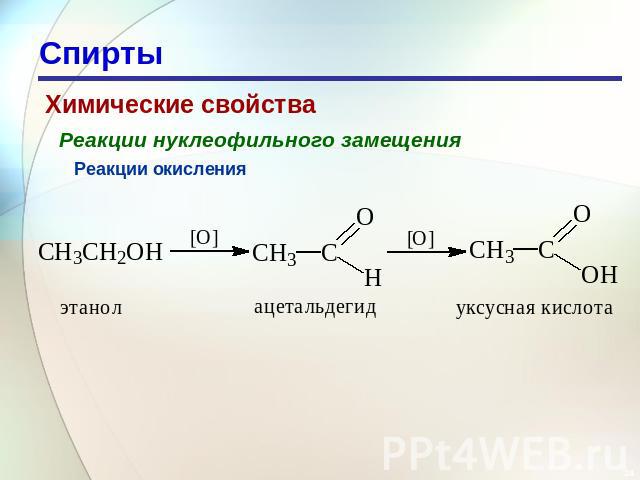 Спирты Химические свойства Реакции нуклеофильного замещения Реакции окисления