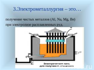 3.Электрометаллургия – это… получение чистых металлов (Al, Na, Mg, Be) при элект