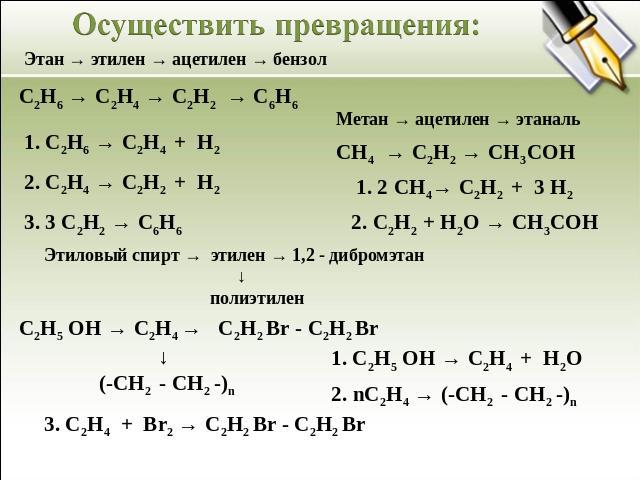 Осуществить превращения: Этан → этилен → ацетилен → бензол