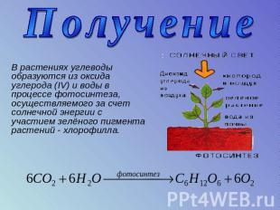 Получение В растениях углеводы образуются из оксида углерода (IV) и воды в проце