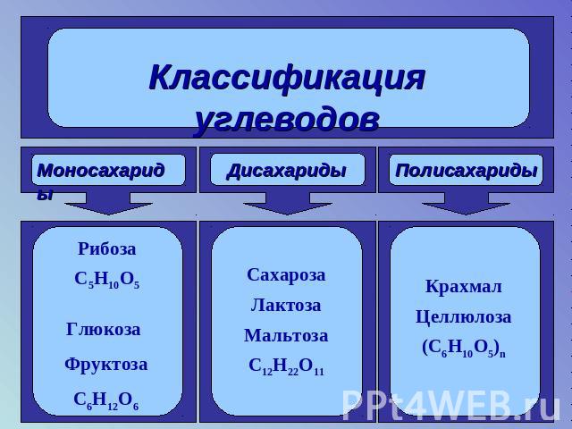 Классификация углеводов Моносахариды Дисахариды Полисахариды Рибоза С5Н10О5 Глюкоза Фруктоза С6Н12О6 Сахароза Лактоза Мальтоза С12Н22О11 Крахмал Целлюлоза (С6Н10О5)n