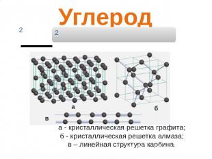 Углерод а - кристаллическая решетка графита; б - кристаллическая решетка алмаза;