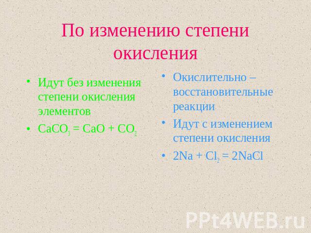 По изменению степени окисления Идут без изменения степени окисления элементов CaCO3 = CaO + CO2 Окислительно – восстановительные реакции Идут с изменением степени окисления 2Na + Cl2 = 2NaCl