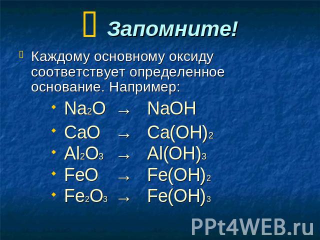 Запомните! Каждому основному оксиду соответствует определенное основание. Например: Na2O→NaOH CaO→Ca(OH)2 Al2O3→Al(OH)3 FeO→Fe(OH)2 Fe2O3→Fe(OH)3
