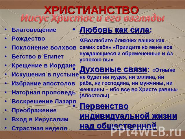 ХРИСТИАНСТВО Иисус Христос и его взгляды Благовещение Рождество Поклонение волхвов Бегство в Египет Крещение в Иордане Искушения в пустыне Избрание апостолов Нагорная проповедь Воскрешение Лазаря Преображение Вход в Иерусалим Страстная неделя Любовь…