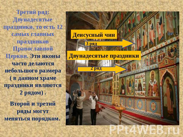 Третий ряд: Двунадесятые праздники, то есть 12 самых главных праздников Православной Церкви. Эти иконы часто делаются небольшого размера ( в данном храме праздники являются 2 рядом) . Второй и третий ряды могут меняться порядком.