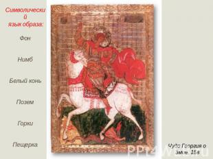 Символический язык образа: Фон Нимб Белый конь Позем Горки Пещерка Чудо Георгия