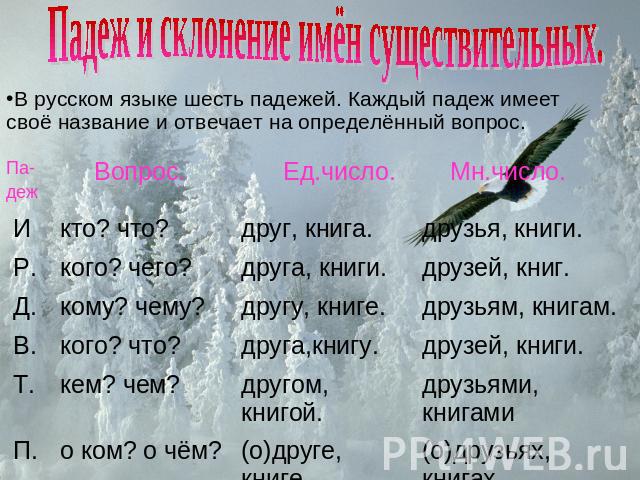Падеж и склонение имён существительных. В русском языке шесть падежей. Каждый падеж имеет своё название и отвечает на определённый вопрос.