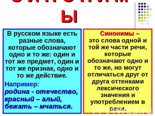 С И Н О Н И М Ы В русском языке есть разные слова, которые обозначают одно и то