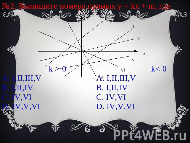 №2. Выпишите номера прямых y = kx + m, где A. I,II,III,VB. I,II,IVC. IV,VID. IV,V,VI A. I,II,III,VB. I,II,IVC. IV,VID. IV,V,VI