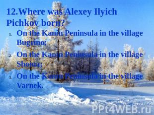 12.Where was Alexey Ilyich Pichkov born? On the Kanin Peninsula in the village B