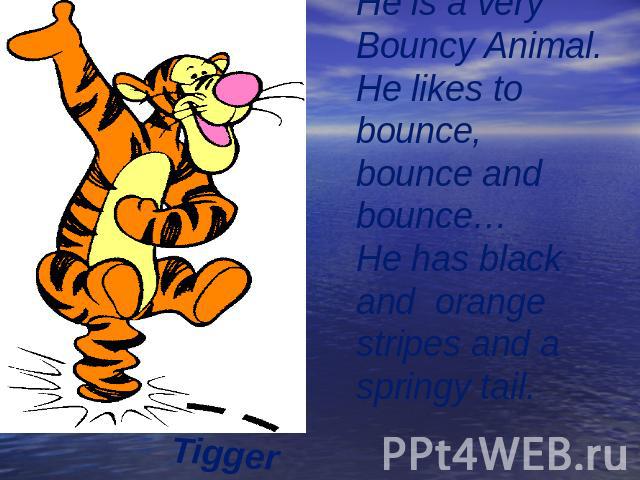 Tigger He is a very Bouncy Animal. He likes to bounce, bounce and bounce… He has black and orange stripes and a springy tail.