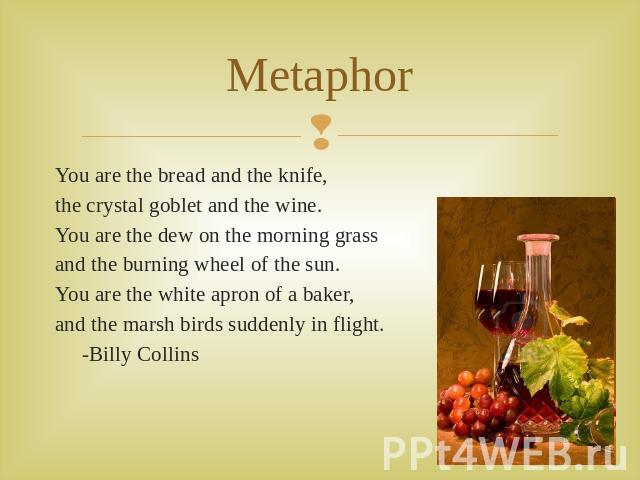 Metaphor You are the bread and the knife,the crystal goblet and the wine.You are the dew on the morning grassand the burning wheel of the sun.You are the white apron of a baker,and the marsh birds suddenly in flight. -Billy Collins