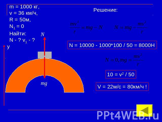 m = 1000 кг,v = 36 км/ч,R = 50м,N1 = 0Найти: N - ? v1 - ? Решение: N = 10000 - 1000*100 / 50 = 8000H 10 = v2 / 50 V = 22м/с = 80км/ч !