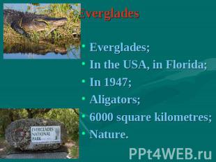Everglades Everglades;In the USA, in Florida;In 1947;Aligators;6000 square kilom