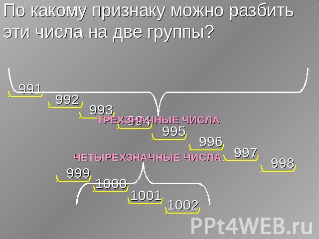 По какому признаку можно разбить эти числа на две группы? ТРЕХЗНАЧНЫЕ ЧИСЛА ЧЕТЫРЕХЗНАЧНЫЕ ЧИСЛА