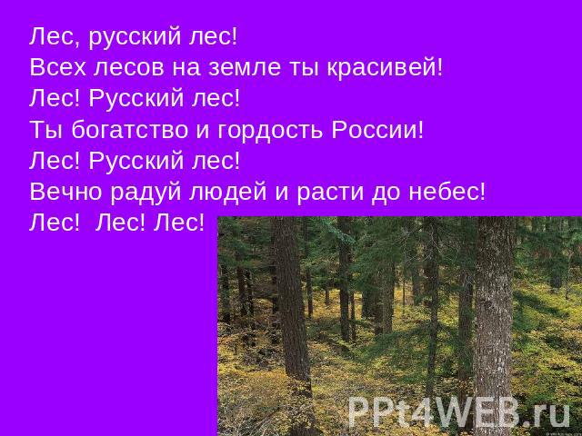 Лес, русский лес! Всех лесов на земле ты красивей!Лес! Русский лес!Ты богатство и гордость России!Лес! Русский лес!Вечно радуй людей и расти до небес!Лес! Лес! Лес!