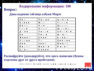 Кодирование информации: 100 Дана кодовая таблица азбуки МорзеРасшифруйте (декоди