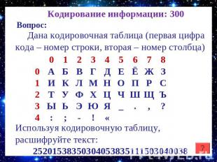 Кодирование информации: 300 Дана кодировочная таблица (первая цифра кода – номер
