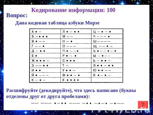 Кодирование информации: 100 Дана кодовая таблица азбуки МорзеРасшифруйте (декодируйте), что здесь написано (буквы отделены друг от друга пробелами):