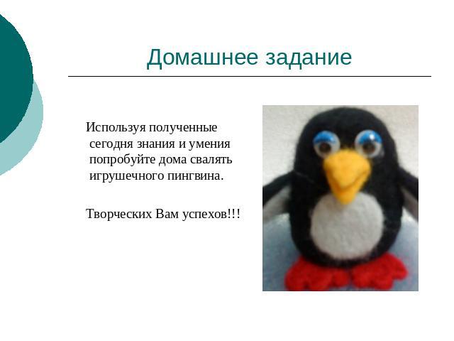 Домашнее задание Используя полученные сегодня знания и умения попробуйте дома свалять игрушечного пингвина. Творческих Вам успехов!!!