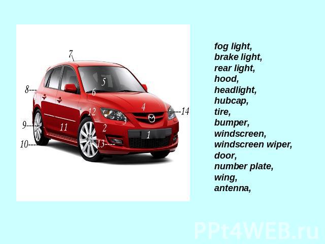 fog light,brake light, rear light,hood, headlight, hubcap, tire, bumper, windscreen, windscreen wiper,door,number plate, wing,antenna,