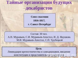 Тайные организации будущих декабристов Союз спасения1816-1817, г. Санкт-Петербур