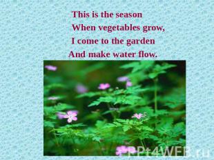 This is the seasonWhen vegetables grow,I come to the gardenAnd make water flow.