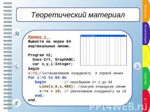 Теоретический материал Пример 1. Вывести на экран 64 вертикальные линии.Program