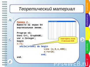 Теоретический материал Пример 2. Вывести на экран 64 вертикальные линии.Program