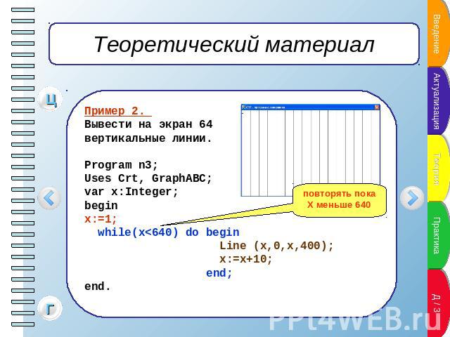 Теоретический материал Пример 2. Вывести на экран 64 вертикальные линии.Program n3;Uses Crt, GraphABC;var x:Integer;beginx:=1;  while(x