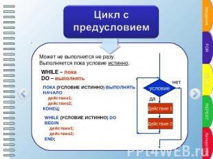 Цикл с предусловием Может не выполнится не разу.Выполняется пока условие истинно